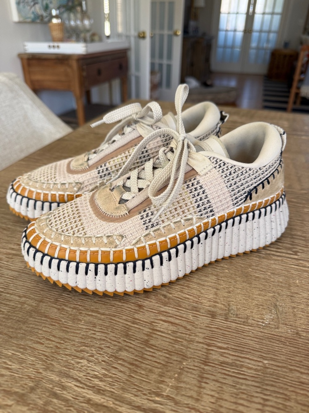 Chloé Beige and Tan Woven Platform Sneakers
